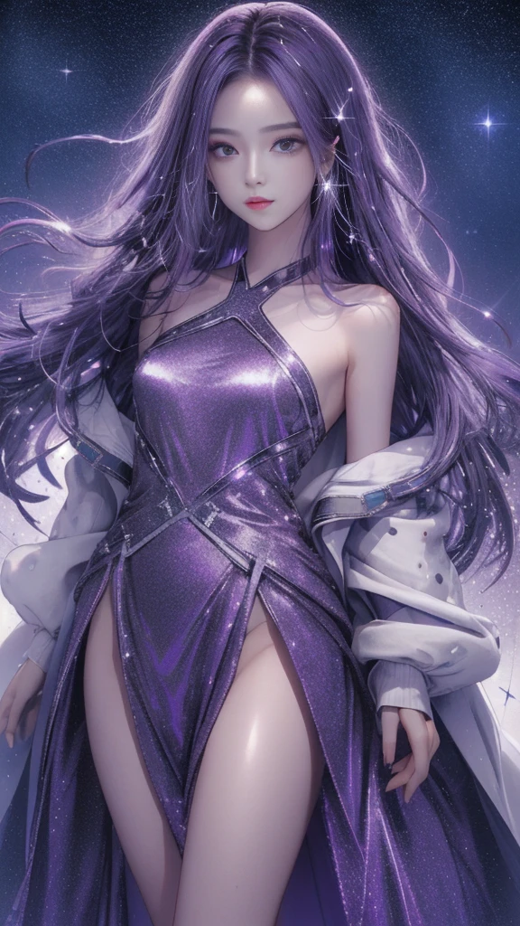 masterpiece, best quality,high resolution, 1 Girl, star in eye, Purple long hair, Starry sky dots hair, (((sparkling))), (luminescent), Detailed shadows, meteor,fanxing, Technical clothing, Bare shoulders, whole body