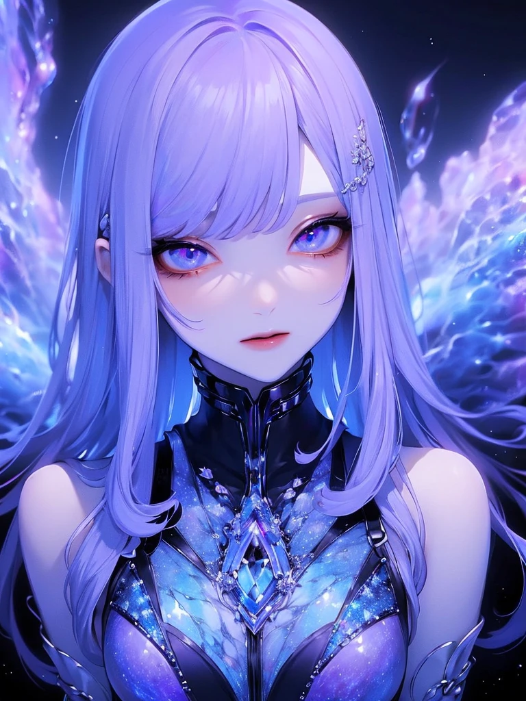 (​master piece),(top-quality:1.2),(8k anime),(blue and purple theme, nebula, galaxie:1.3),stylish anime,1 girl,beautiful detailed blue eyes,(kaleidoscope patterns),fantasy,( magical colors and atmosphere),Detailed skin,mysteriously glowing milky way, undeservedly beautiful,cinematic lighting,close up shot,high contrast