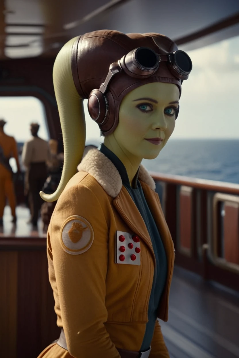 cinematic film still hera syndulla bun at cruise ship deck, medium shot . shallow depth of field, vignette, highly detailed, high budget Hollywood movie by tim burton, bokeh, cinemascope, moody, epic, gorgeous, film grain, grainy