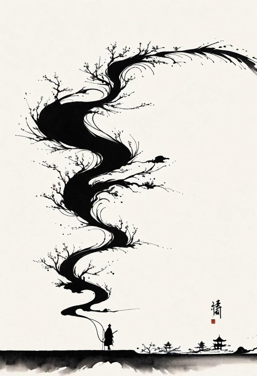 中国Ink Painting, Gray and White, Minimum, Wire, White background,The Trail, Minimalism, Wire性风格, Huge negative space, Ink Painting, Abstract