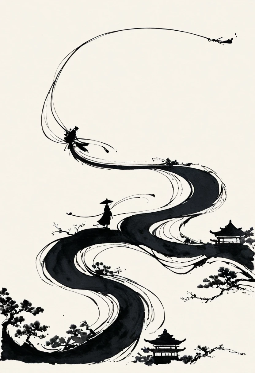 中国Ink Painting, Gray and White, Minimum, Wire, White background,The Trail, Minimalism, Wire性风格, Huge negative space, Ink Painting, Abstract