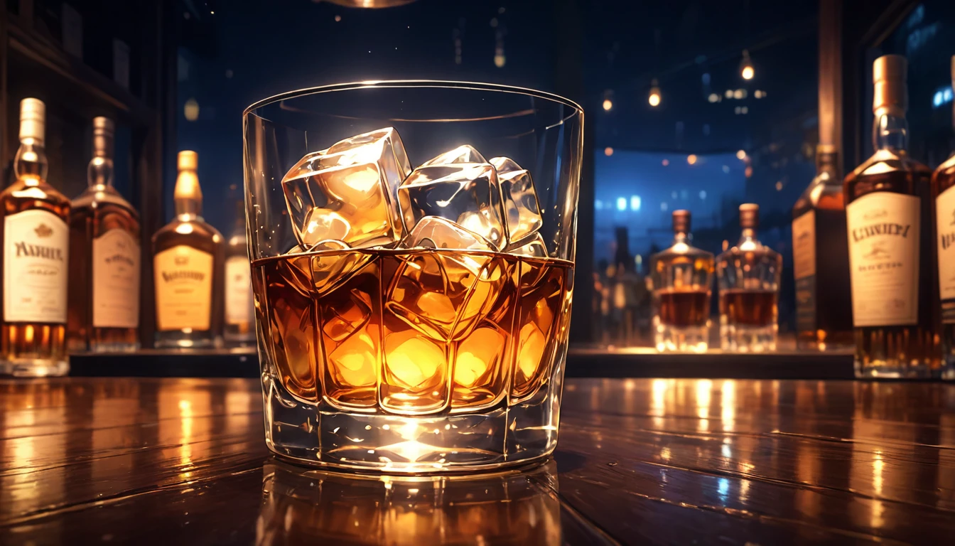 a glass of whiskey with round ice cubes, brown liquid, in an anime-style bar at night, detailed, highly realistic, cinematic lighting, glossy reflections, atmospheric, moody, dynamic composition, warm color tones, (best quality,4k,8k,highres,masterpiece:1.2),ultra-detailed,(realistic,photorealistic,photo-realistic:1.37)