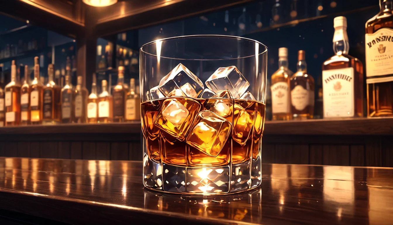 a glass of whiskey with round ice cubes, brown liquid, in an anime-style bar at night, detailed, highly realistic, cinematic lighting, glossy reflections, atmospheric, moody, dynamic composition, warm color tones, (best quality,4k,8k,highres,masterpiece:1.2),ultra-detailed,(realistic,photorealistic,photo-realistic:1.37)