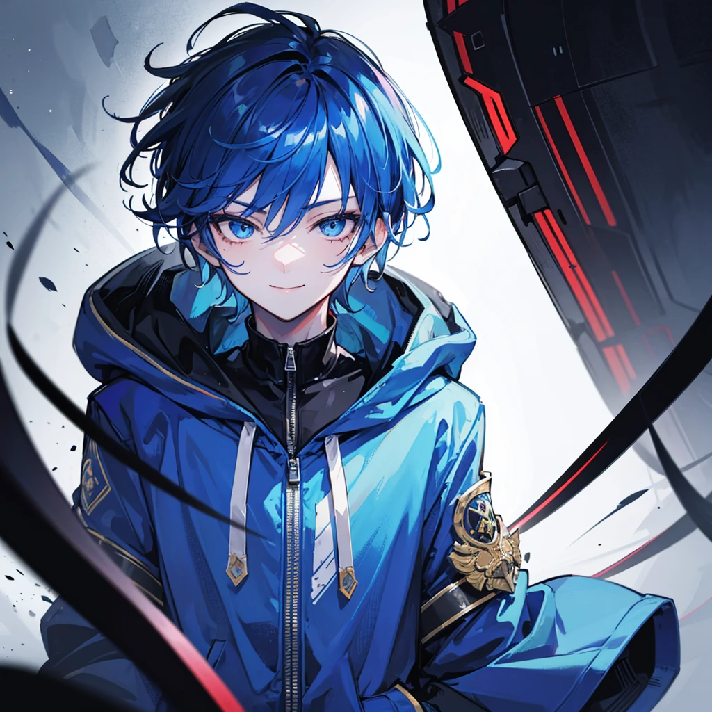 1 boy, close up face,
a handsome young man, short cut,blue hair, blue eyes, mischievous smile, large hooded sweatshirt, detailed portrait, cinematic lighting, dramatic colors, intricate details, striking pose, moody atmosphere