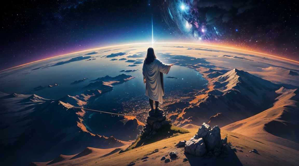 artwork, 真实感, 4K, best quality, jesus, ultra HD, super resolution, Intricate details, Starry sky, clouds, Galaxy, vegetation, SPARKLES, lighting, illuminated land, planet Earth, Christ, image of god, god speaking
