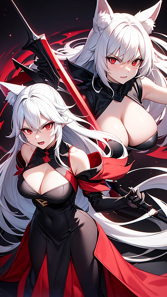 An adult woman half fox and wolf, wide breasts, red eyes, white hair, very angry, in a black dress, on her back, looking back, with a sword, and very sexy