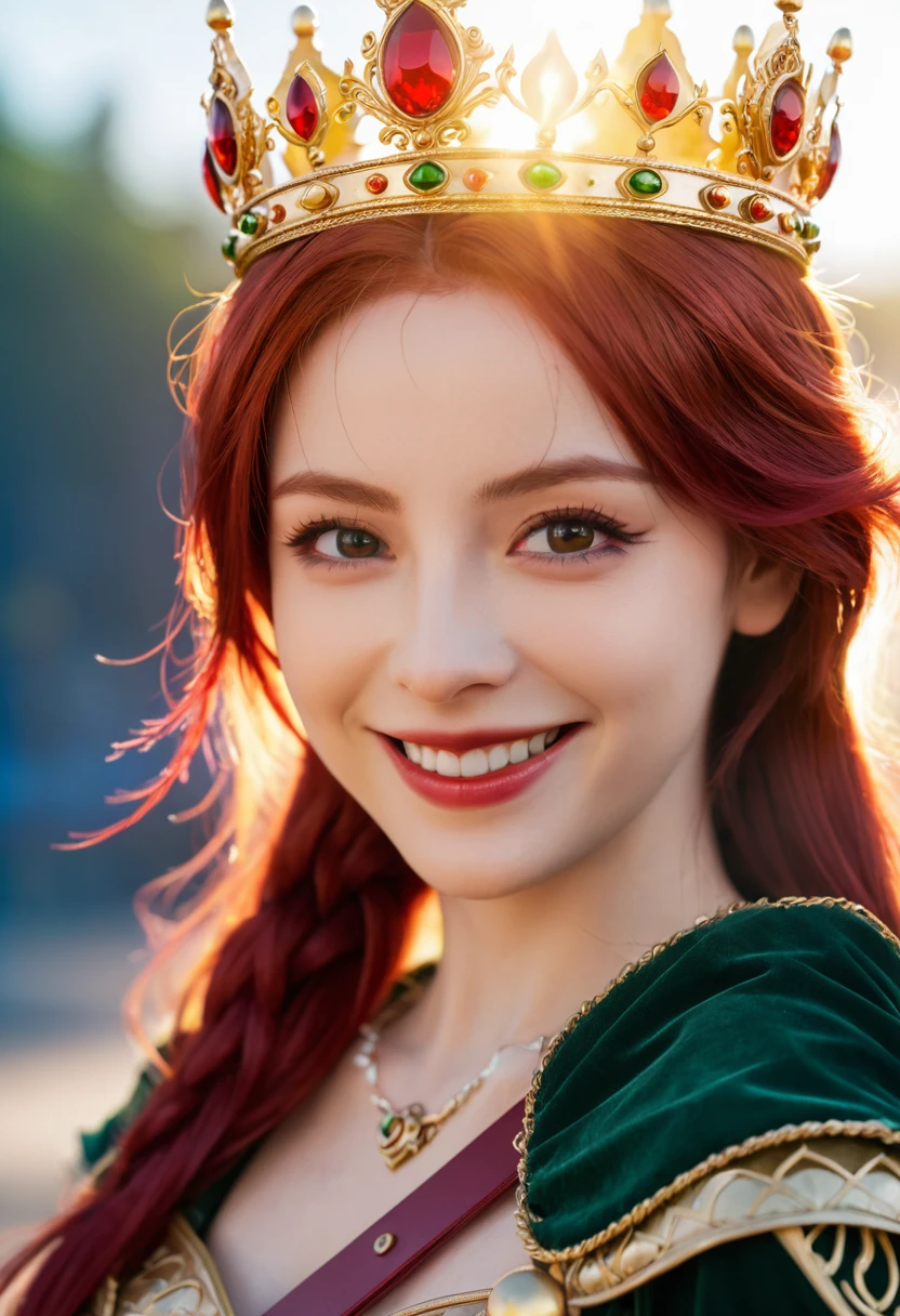 Princesa das trevas com os olhos de sangue, red hair, crown, evil smile, anime style, lens flare, high detail, first-person view, cinematic lighting, masterpiece, super detail, best quality, 8k, UHD
