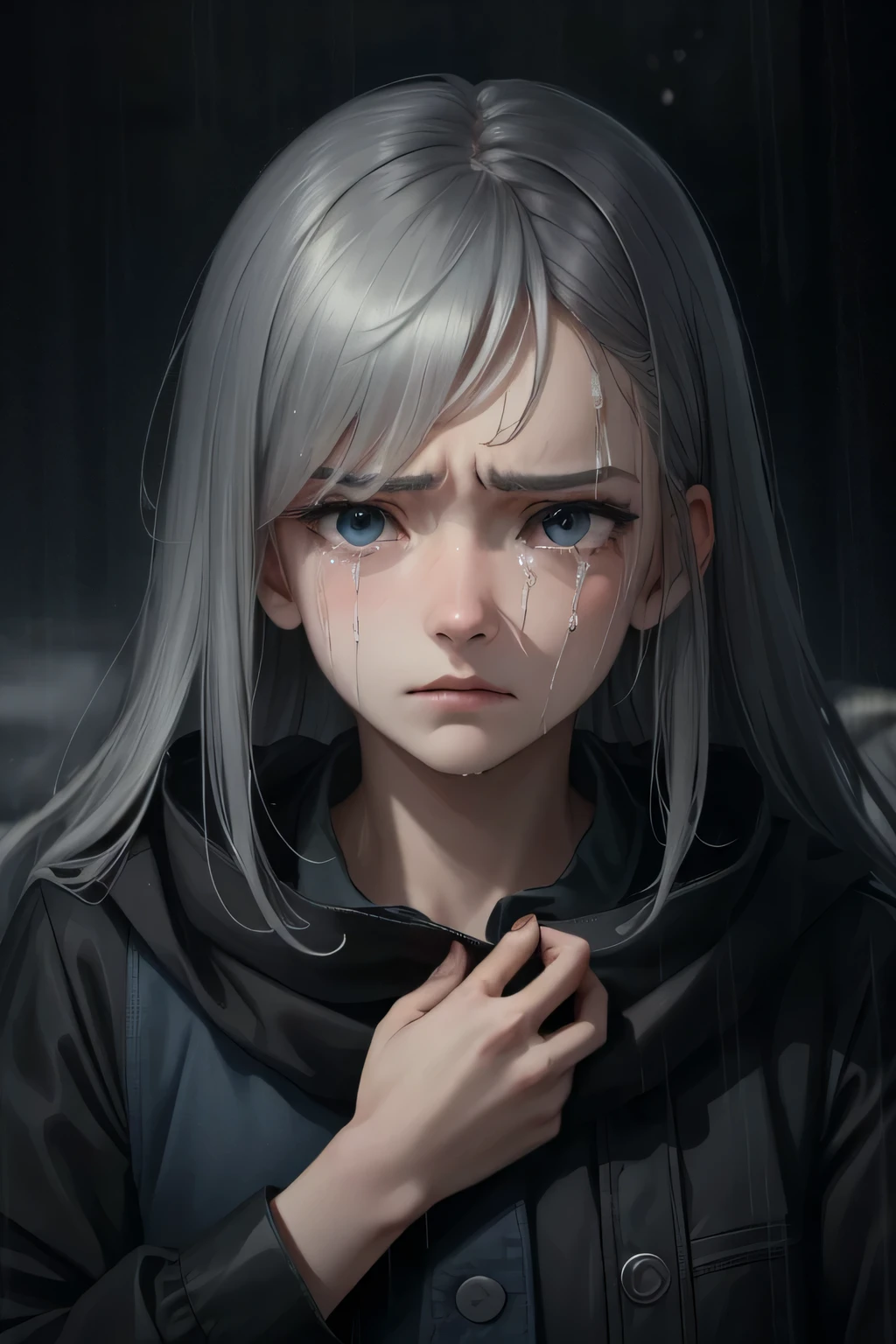 One girl, (alone), Outdoor, (heavy rain:1.3), Gray Hair, I was overcome with sadness., Deep sorrow, Deep sorrow, distress, anxiety, (Distorted look:1.3), (Expressing pain:1.4), Absolute despair, Scatter々eyes, despair, (tears:1.1), horor, Ominous atmosphere, (masterpiece), (Super detailed), (Exquisite detail), [High Contrast], 4K, Dark colors, dynamic, Highest quality, absurdes,