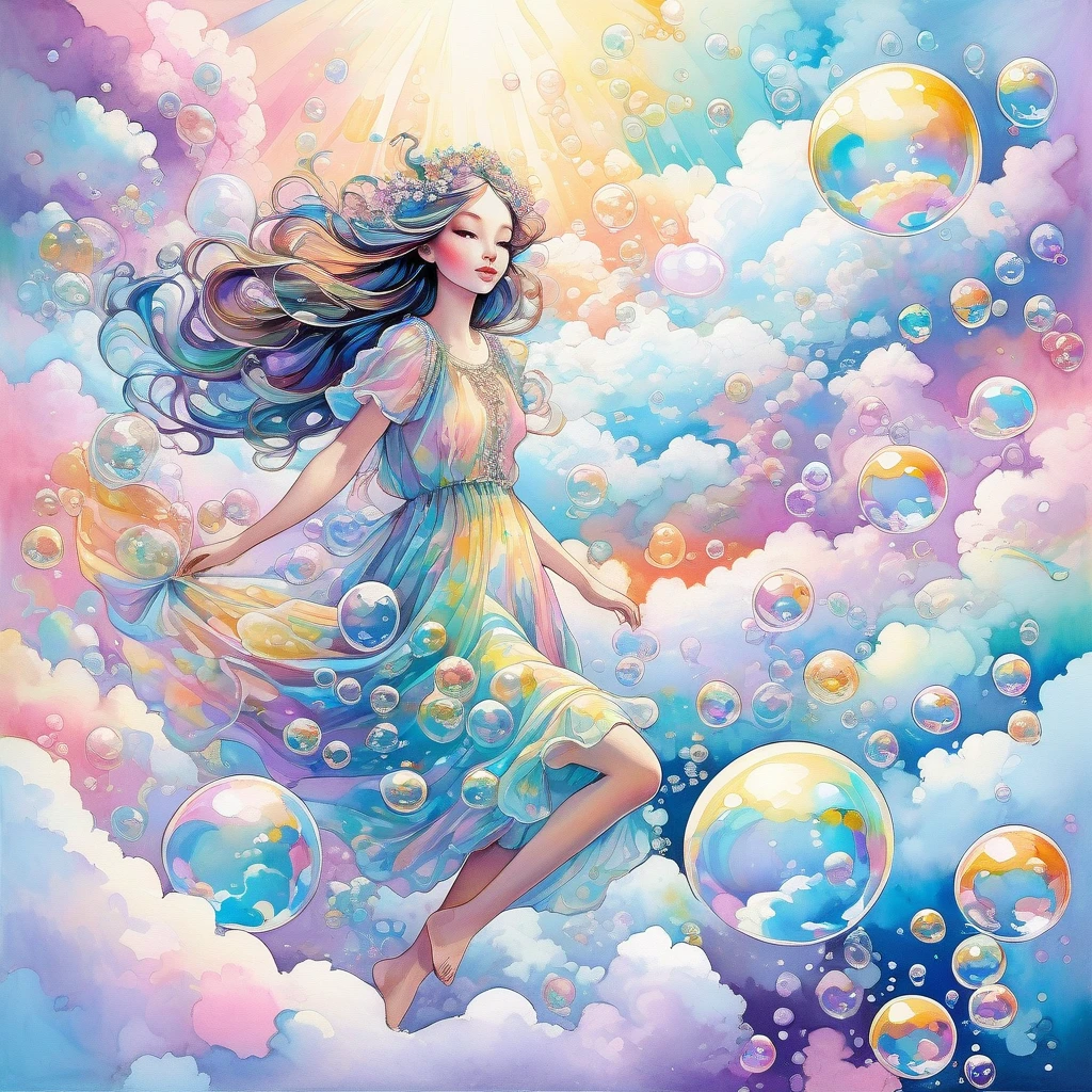 best qualityer, very well, 16K, incredibly absurdres, extremely detaild, 2.5D, gorgeous goddess, fairies and children walking on a carpet of iridescent soap bubbles, clouds in pastel colors, sunshine light, pop art, delicate and dynamic effects that combine the tastes of oil painting and watercolor, iridescent pattern