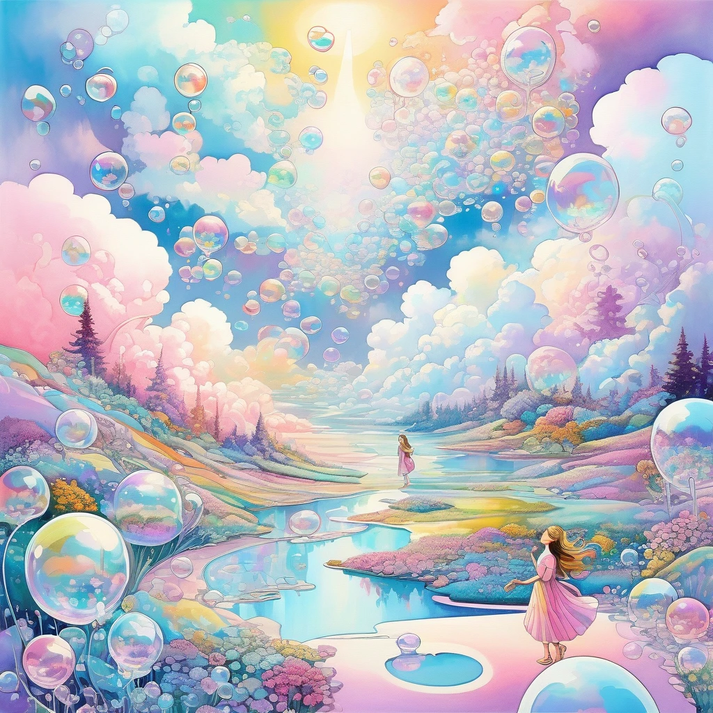 best qualityer, very well, 16K, incredibly absurdres, extremely detaild, 2.5D, gorgeous goddess, fairies and children walking on a carpet of iridescent soap bubbles, clouds in pastel colors, sunshine light, pop art, delicate and dynamic effects that combine the tastes of oil painting and watercolor, iridescent pattern