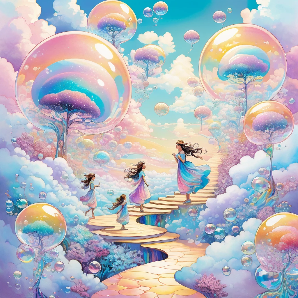 best qualityer, very well, 16K, incredibly absurdres, extremely detaild, 2.5D, gorgeous goddess, fairies and children walking on a carpet of iridescent soap bubbles, clouds in pastel colors, sunshine light, pop art, delicate and dynamic effects that combine the tastes of oil painting and watercolor, iridescent pattern