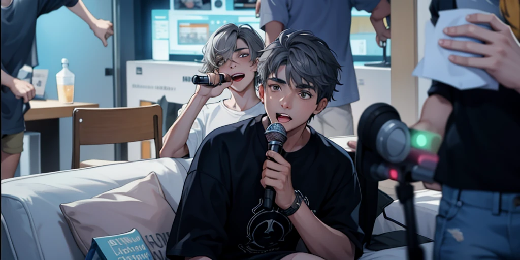 There is a 17 year old young man at a microphone singing, he has gray hair and gray eyes., There are spectators watching him sing, he is at a house party.