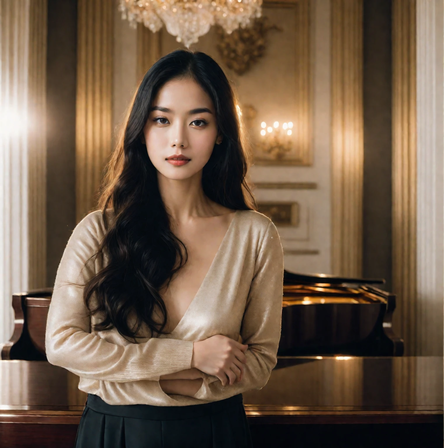 a woman standing in front of a grand piano in a room, cover photo portrait , RAW Photo, Best Quality), (Realistic, Photo Realistic: 1.3), Best Quality, Highly Detailed, Masterpiece, 1 Girl, upper_body, black_long_hair, Best Quality, golden hour light
