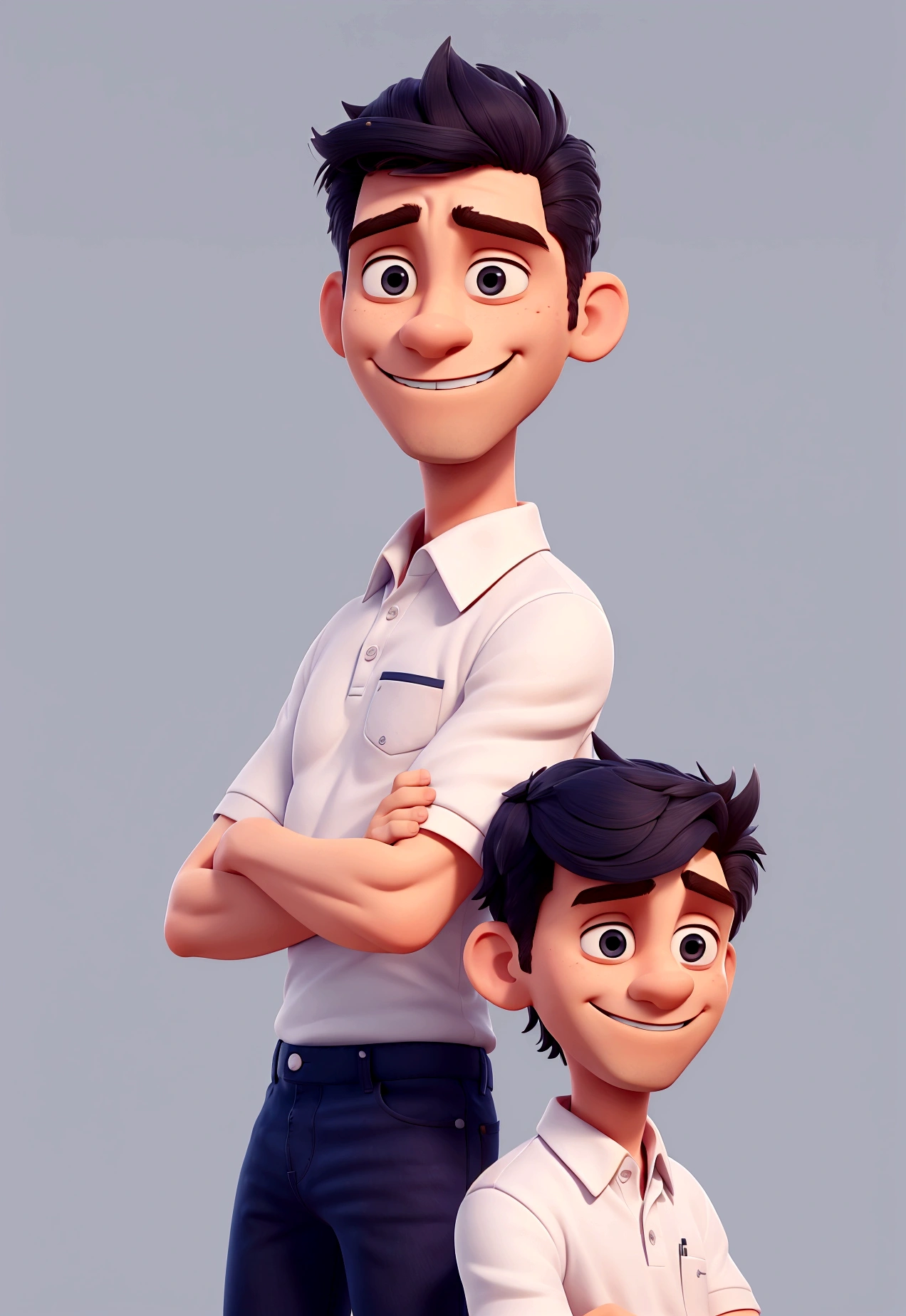 Man in frontal can , fully body. Cartoon in white polo shirt with white collar and sleeves, plain shirt without details. navy blue jeans, crossed arms, looking straight ahead and smiling with teeth slightly showing; big black eyes, hair grey ,in a clear setting , 3d