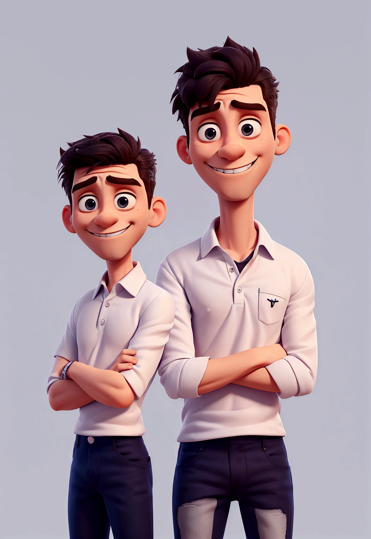 Man in frontal can , fully body. Cartoon in white polo shirt with white collar and sleeves, plain shirt without details. navy blue jeans, crossed arms, looking straight ahead and smiling with teeth slightly showing; big black eyes, hair grey ,in a clear setting , 3d