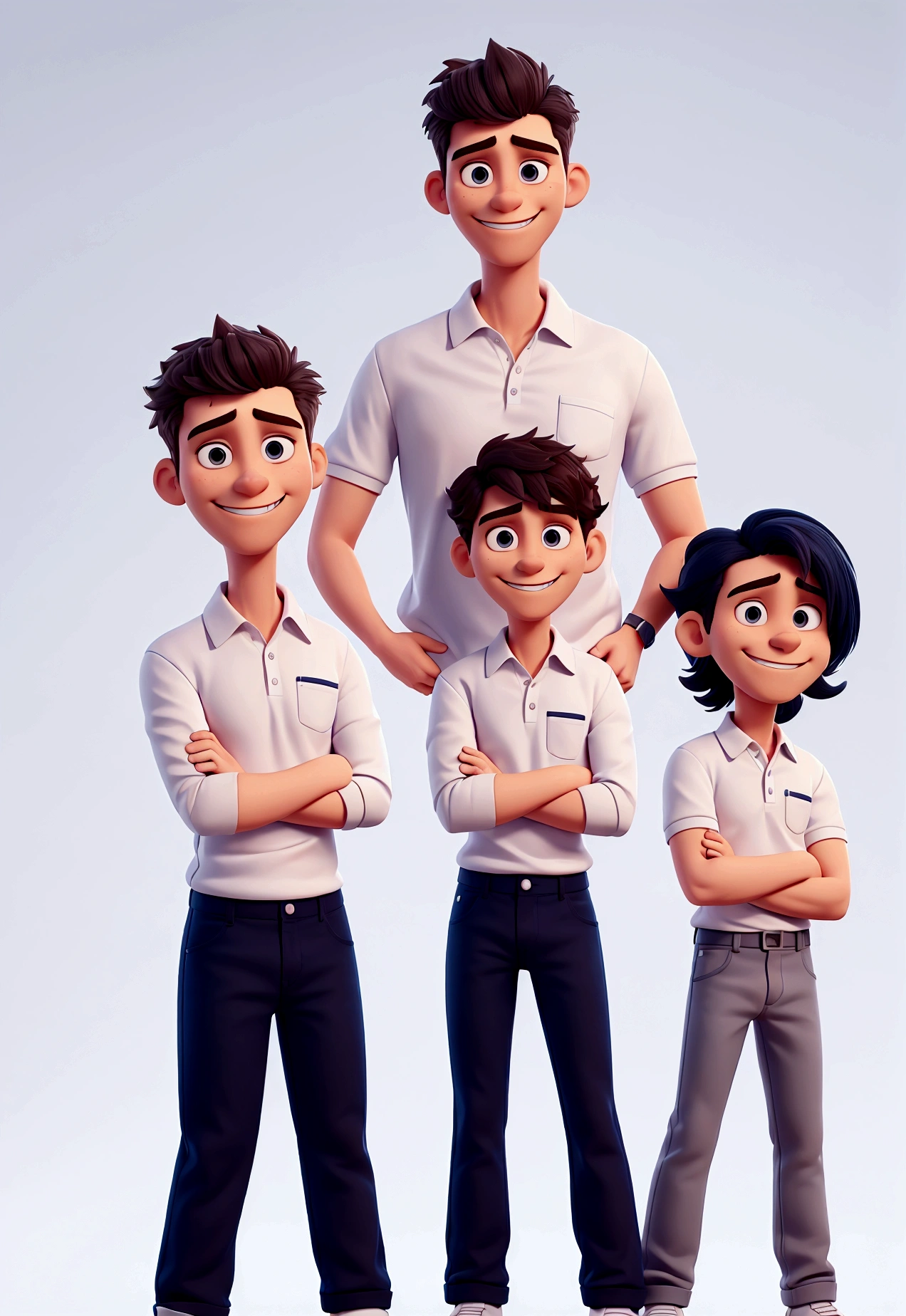 Man in frontal can , fully body. Cartoon in white polo shirt with white collar and sleeves, plain shirt without details. navy blue jeans, crossed arms, looking straight ahead and smiling with teeth slightly showing; big black eyes, hair grey ,in a clear setting , 3d