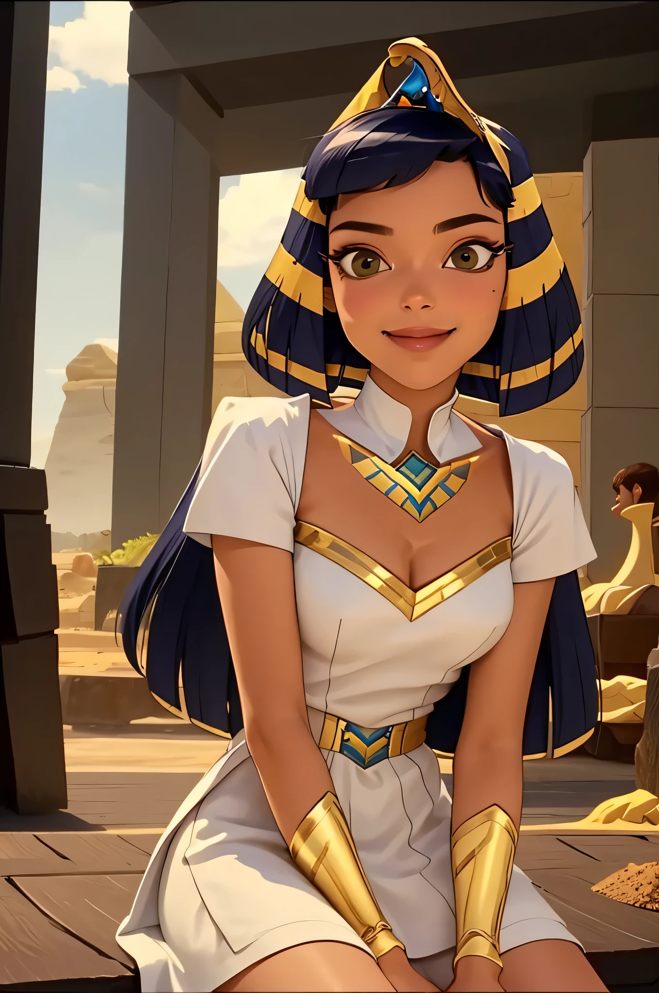 Cleopatra, 1girl, solo, sark skin, tiara, white dress, pharaoh collar, gold collar, shoulder pads,
smile,closed mouth,cowboy shot, sitting,
desert, pyramid \(structure\),
(insanely detailed, beautiful detailed face, masterpiece, best quality) cinematic lighting,