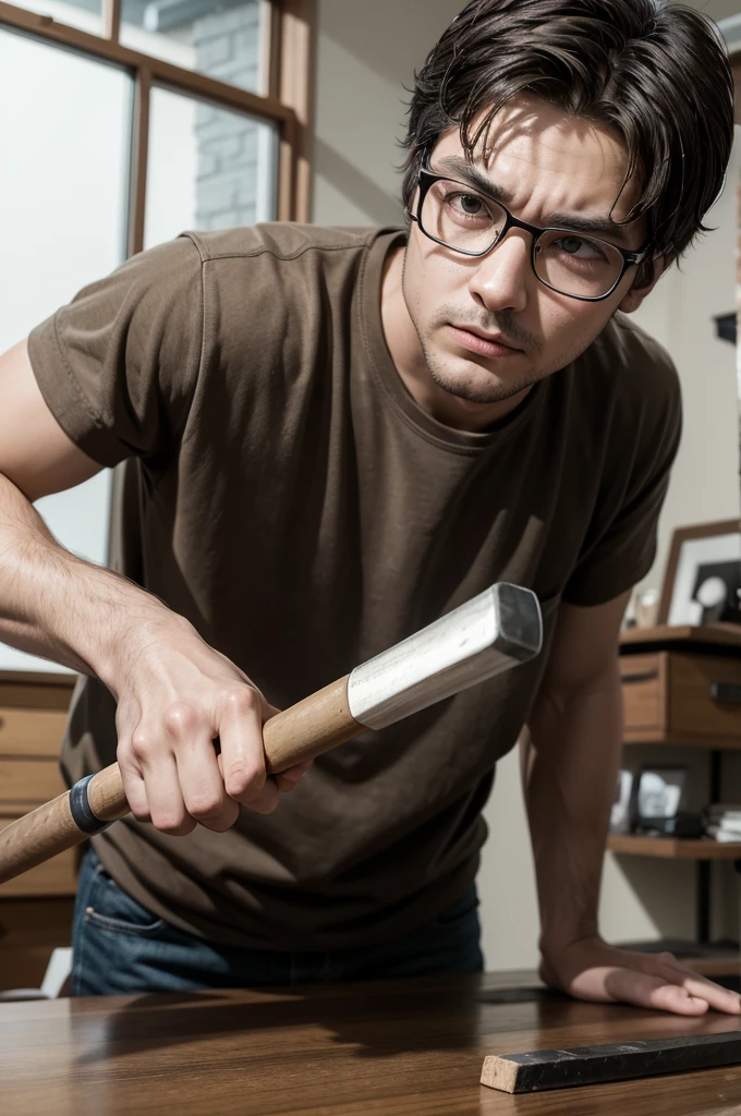 a man holding a sledgehammer to hit an eyeglass frame in front of him on a brown table