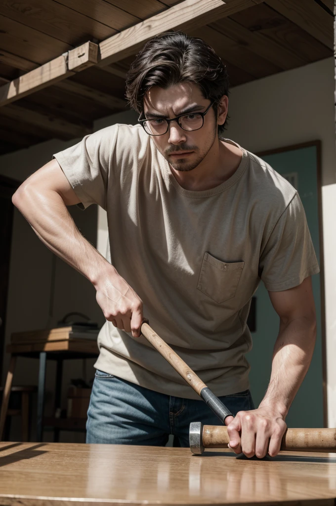 a man holding a sledgehammer to hit an eyeglass frame in front of him on a brown table 