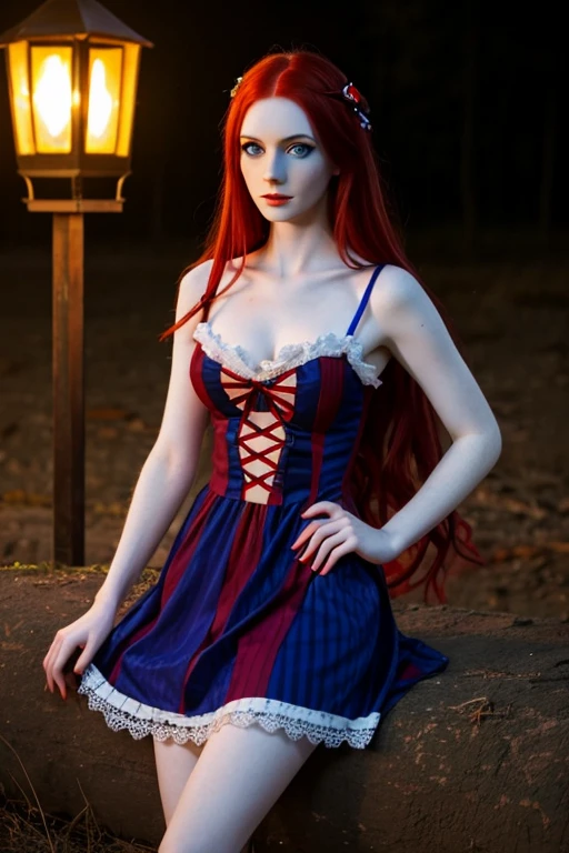 Sexy Sally nightmare before Christmas, beautiful face, blue eyes, very pale skin, long red hair, multi colored patchwork dress, stitched scars on body, night time, lit by gas lanterns, pale skin, pale skin, 