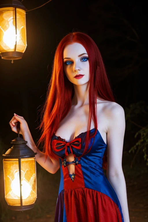 Sexy Sally nightmare before Christmas, beautiful face, blue eyes, very pale skin, long red hair, multi colored patchwork dress, stitched scars on body, night time, lit by gas lanterns, pale skin, pale skin,