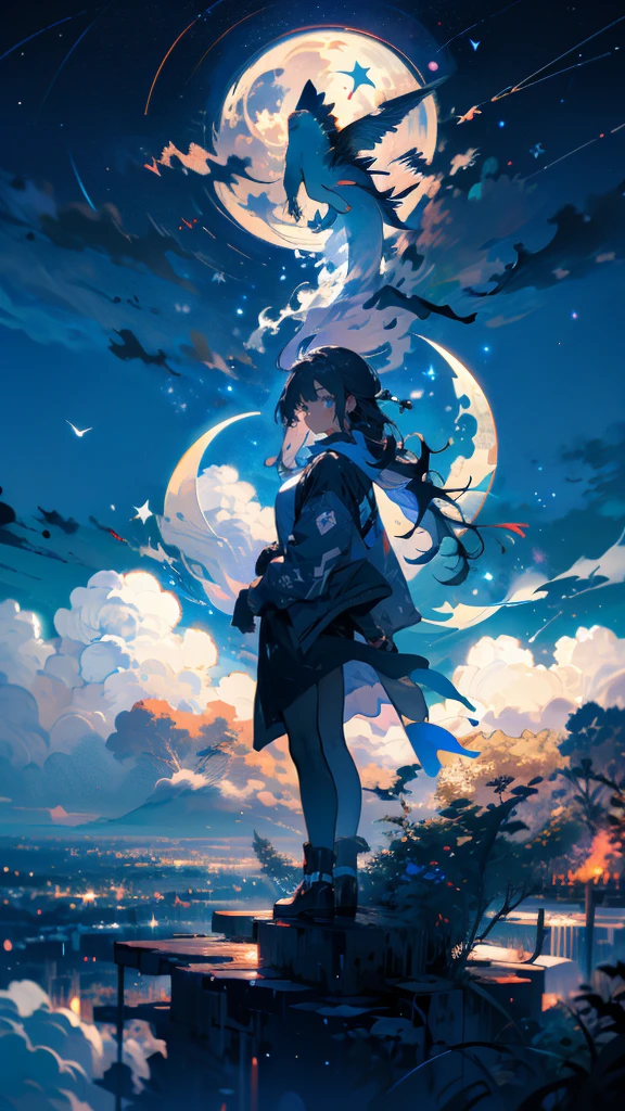 humpback, cloud,(building), sky, moon, Star (sky), scenery, no humans, Starry sky, night, fish, night sky, full moon, cloudy sky, outdoors, fantasy、One Girl,Long Hair