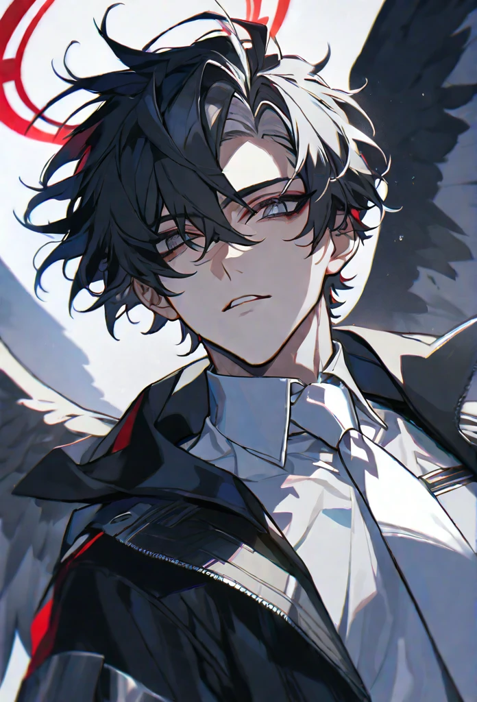 solo, handsome, 1 male, short hair, black hair and white color hair, pale eyes, white shirt, white tie, black hood, black wings, red halo