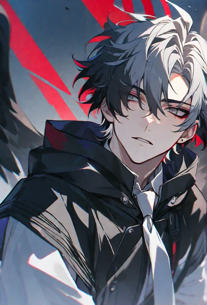 solo, handsome, 1 male, short hair, black hair and white color hair, pale eyes, white shirt, white tie, black hood, black wings, red halo