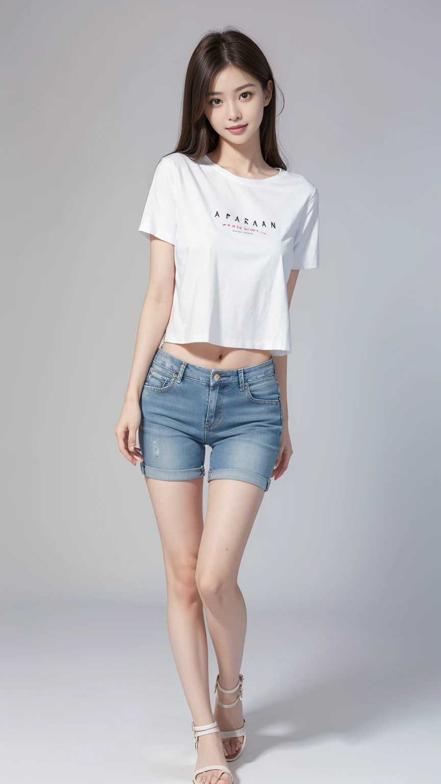 (Full body shot:1.3),Japanese, Female, Single, Shorts, Big Tits, Girl posing in Short Sleeves and tight denim skirt, Realistic, Top Quality, High Resolution, Photo,slim figure, long legs, white sandals, slim girl model, beautiful 24 year old female model, white background, brown hair,Half Smile,cropped t-shirt