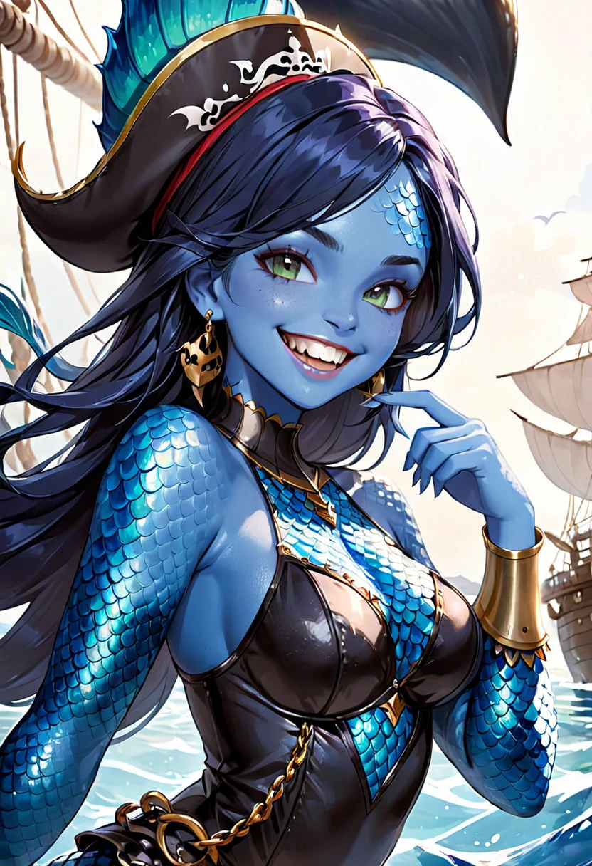Mermaid woman, blue skin with scales, Grinning, sharped teeth, wearing pirate clothes 