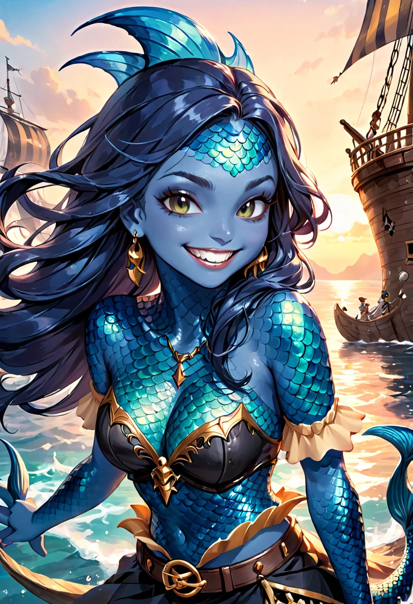 Mermaid woman, blue skin with scales, Grinning, sharped teeth, wearing pirate clothes