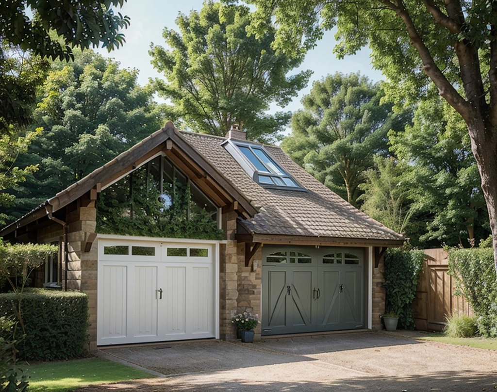 Draw a beautiful single storey house in small English town, with beautiful nature butterflies and birds. House also has a garage at the end of the driveway. Big window on the first floor