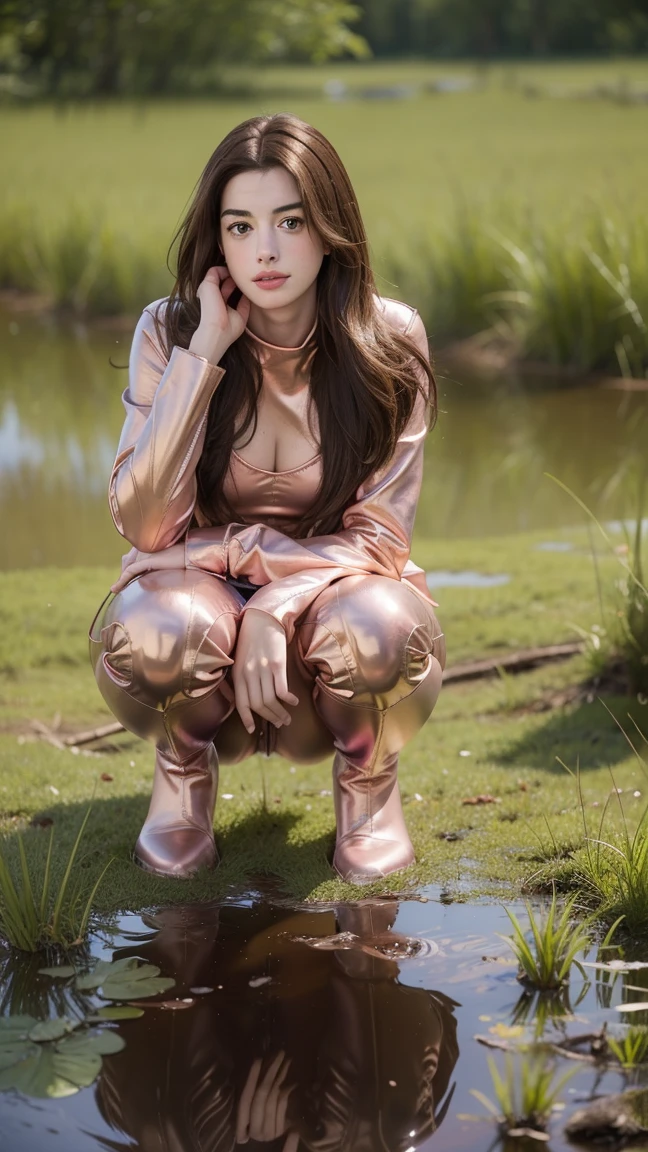Young Anne Hathaway has long brown hair,Wearing a pink shiny full body suit,Full breasts,Long legs,Over the knee boots,Wear a belt,Squatting in the swamp,Stuck in the Swamp,The body was covered in mud stains,Full body picture,Realistic