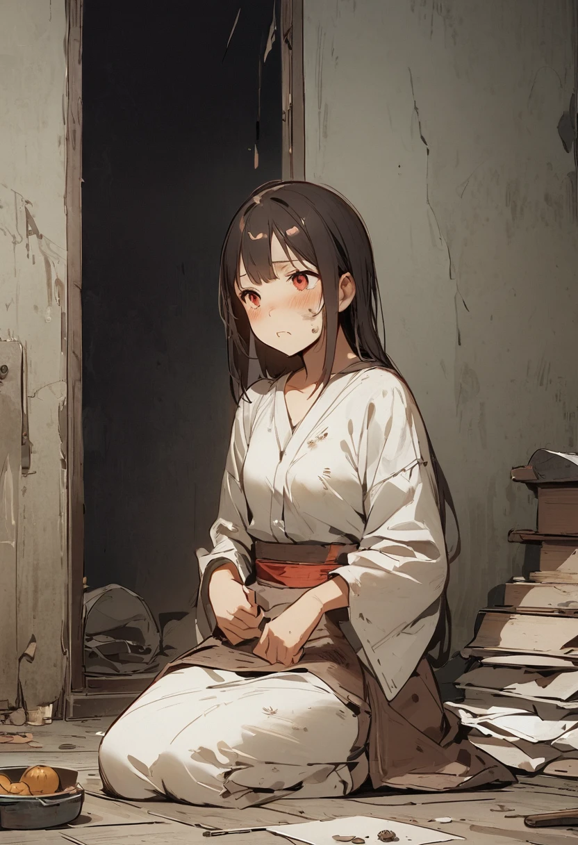 Dirty table、clothes、Both eyes open、No dialogue、Sad、Small room、Dirty、dirty、extreme poverty life、Boro family、、6age、tatami、Sunken cheeks、poor、No money、Girl、Girl、Tattered clothes、Sit down and eat、seiza、No money、Are thin、I'm not feeling well、Expressionless、Small and dirty room、The clothes are also dirty、The face is also dirty、Looks lonely、Tattered room、Twilight、Small room、Dirty property、rent51,000 yen、Dirty、ceiling is low、wooden building、Tenement、modern、Dark atmosphere、Dynamic Angle、masterpiece、best quality、ultra-detail
