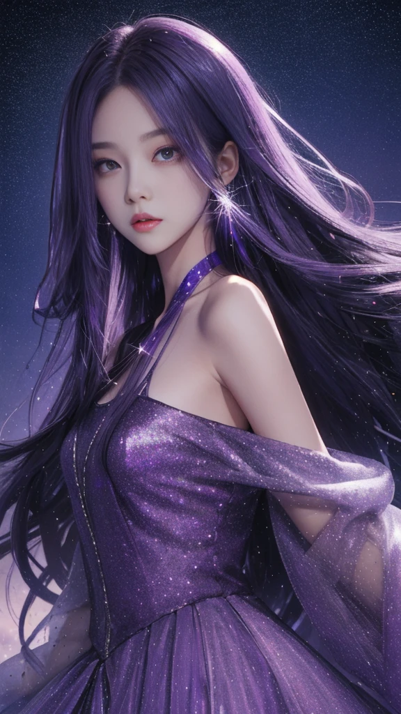 masterpiece, best quality,high resolution, 1 Girl, star in eye, Purple long hair, Starry sky dots hair, (((sparkling))), (luminescent), Detailed shadows, meteor,fanxing, Technical clothing, Bare shoulders, whole body