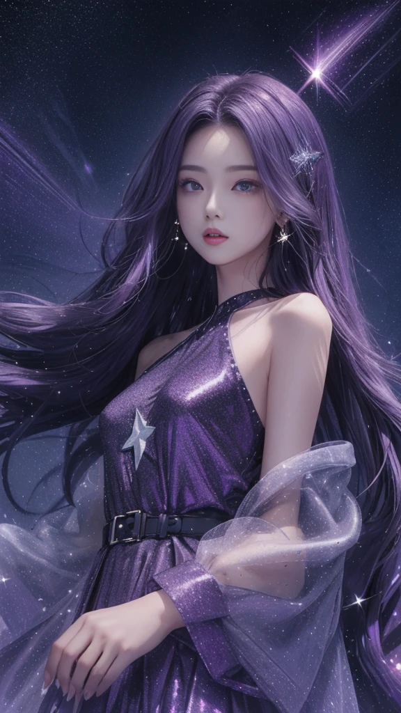 masterpiece, best quality,high resolution, 1 Girl, star in eye, Purple long hair, Starry sky dots hair, (((sparkling))), (luminescent), Detailed shadows, meteor,fanxing, Technical clothing, Bare shoulders, whole body