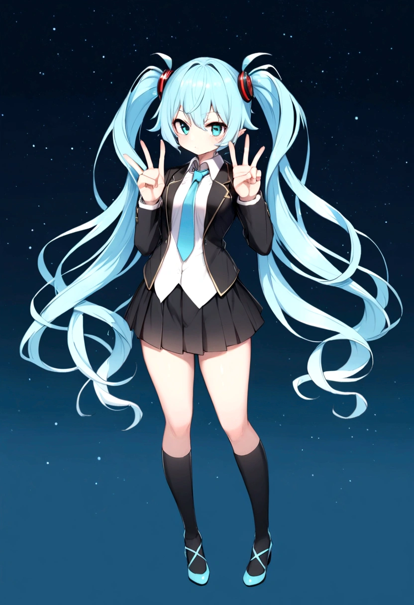 Black skirt,Light blue tie,Full body,Twin-tailed,lightblue hair,length hair,(Background Aqua),Five fingers,miku