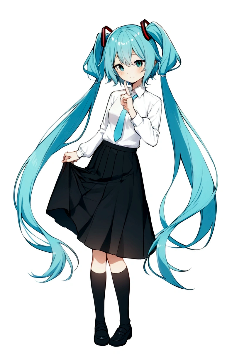 Black skirt,Light blue tie,Full body,Twin-tailed,lightblue hair,length hair,(Background Aqua),Five fingers,miku