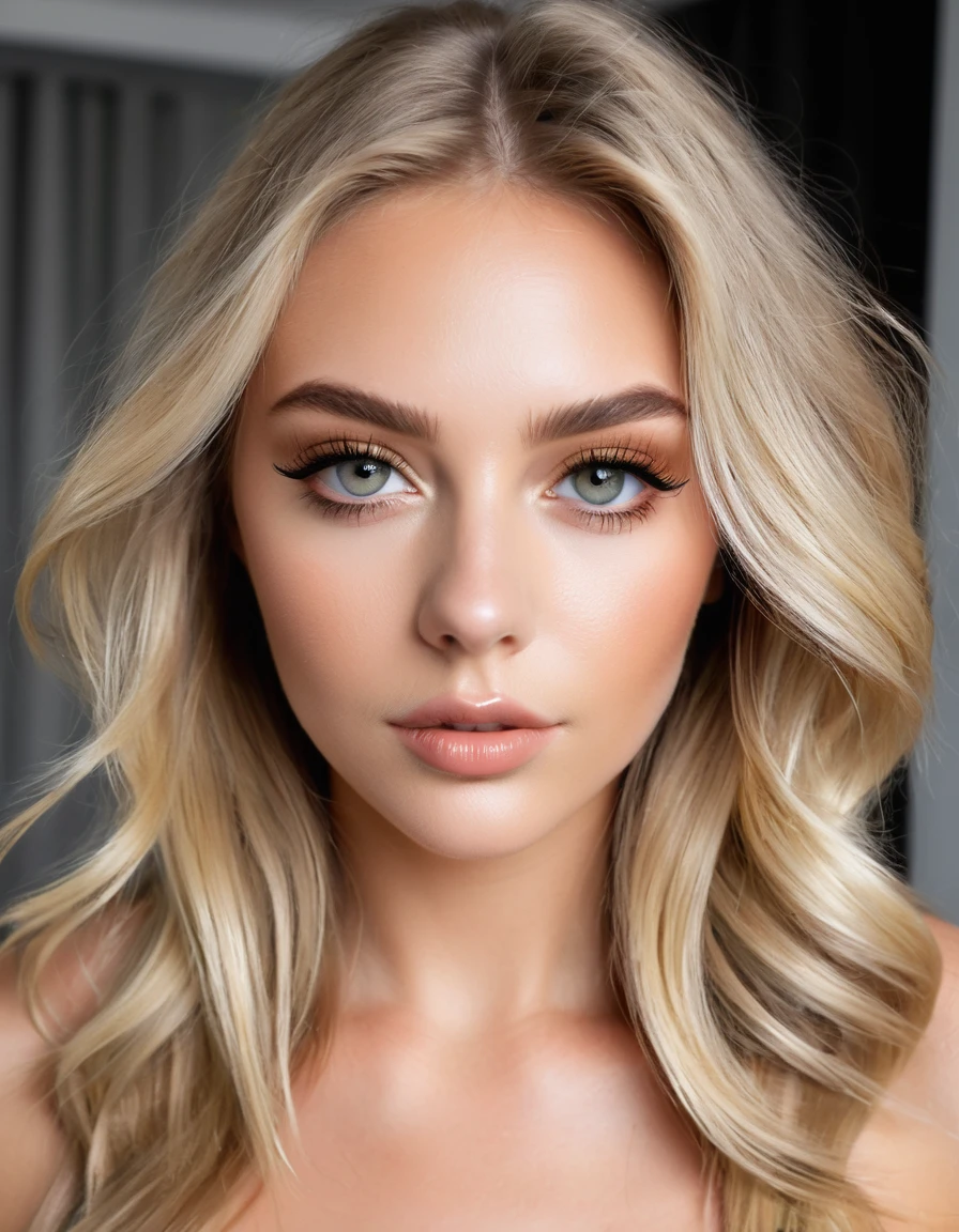 (meilleure qualité,4K,haute résolution, haute résolution face details), cheveux blonds longs et raides, 18 ans, modèle instagram, faux sein 36DD, faux cils, fausses lèvres, maquillage sombre, peau parfaite, bronzage de la peau, elle est mince, Elle est caucasienne, corps entièrement nue, talons hauts, fine chaîne en or, dans la nature, près d'un lac, en Utah, énorme faux sein 36DD, posant, Sexy, vibrations sensuelles,
