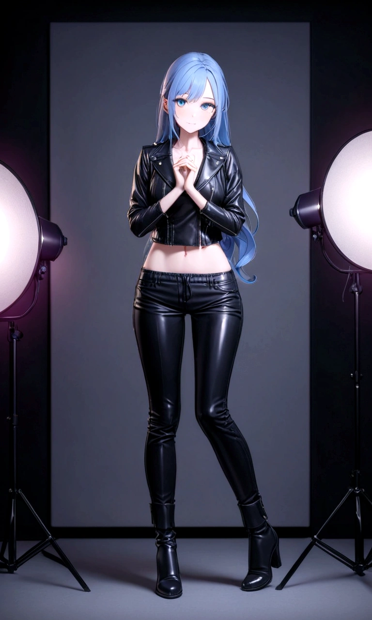 A beautiful woman with blue hair, black leather jacket, Black leather pants, Black boots, full body from head to toe, from front view, model posing, studio light, background something that applies to the environment in which the model is, 8K.