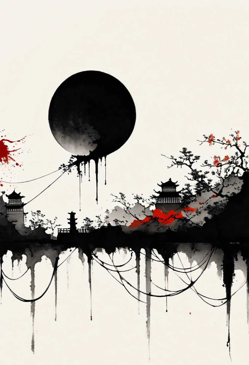 中国Ink Painting, Gray and White, Minimum, Wire, White background,Great Wall, Minimalism, Wire性风格, Huge negative space, Ink Painting, Abstract，Blood-stained sunset