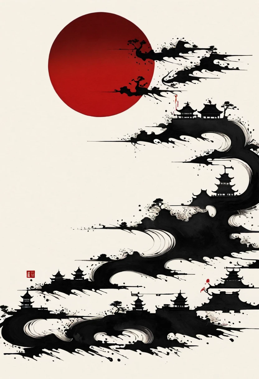 中国Ink Painting, Gray and White, Minimum, Wire, White background,Great Wall, Minimalism, Wire性风格, Huge negative space, Ink Painting, Abstract,Blood-stained sunset