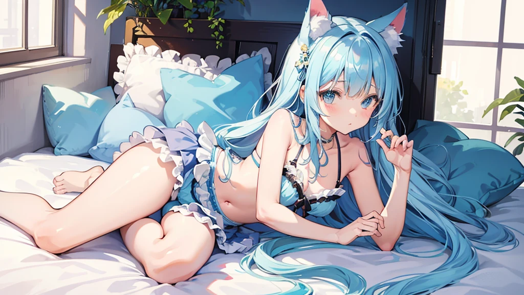 (Intricate and highly detailed illustration:1.8)、Cute Shota、Cat-eared ager、Light blue long hair,frilly camisole bikini with frill skirt,lying on side,Very thick thighs,thigh gap,
