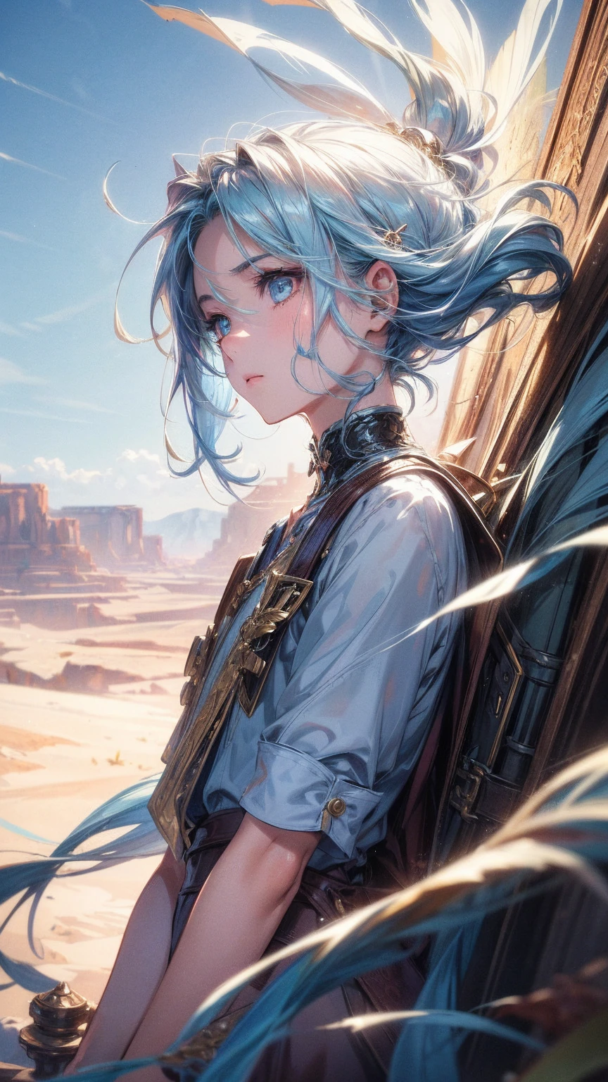 Beautifully painted, high quality, Ultra-detailed CG illustrations，Depicts a young man with a calm expression, He stared into the distance，A striking head of light blue hair flutters gently in the desert breeze. The scenery behind is vast and breathtaking, Lead the audience into a wonderful and exploratory world.