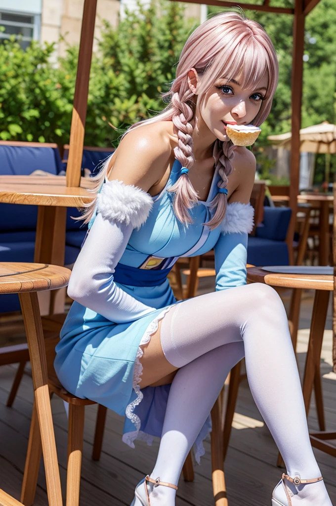 a woman sitting behind a table in a cafe, outside, holding a fork on handle with cake on it:1.4, fork at mouth, looking at cake:1.2, piece of cake on table coffee on table, mouth open, happy, eating cake:1.4, butterflies, beautiful eyes, beautiful girl, high detail skin, high detail eyes, high detail hair, highres, ultra detailed, sharpen picture, Highly detailed, masterpiece, best quality, photorealistic, 1girl, long blue hair, bangs, bare shoulders, dress, ahoge, twin braids, detached sleeves, fur trim, gloves, hair flower, white pantyhose, crossed  legs,  high heels 