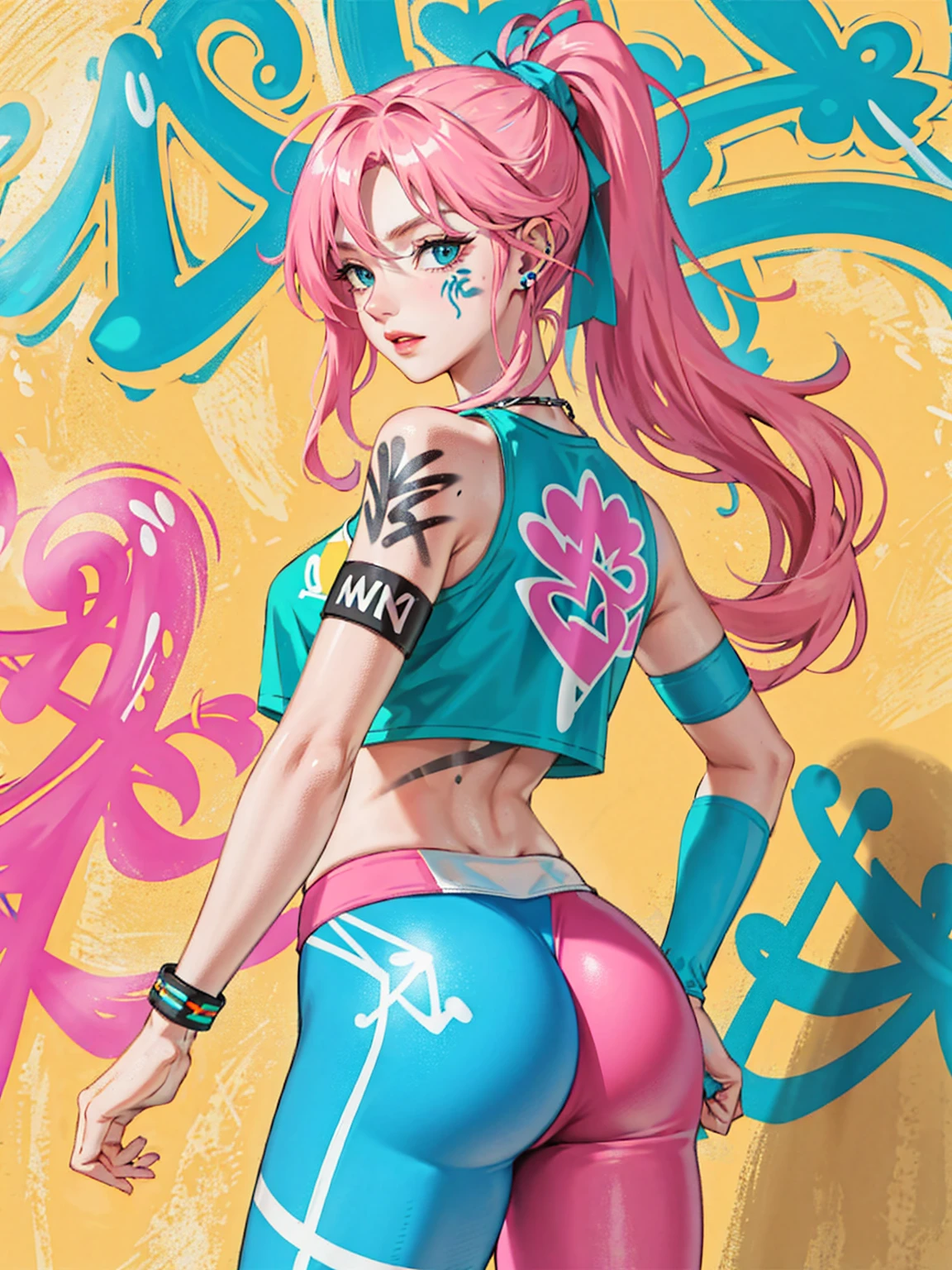 masterpiece, Highest quality, Beautiful 25 year old woman, Long Hair, (Adult face:1.4), 1. Female, alone, Crop top, Fitness Leggings, collar, (From behind:1.4), Fucking ass, Thick thighs, Narrow waist, (graffiti:1.5), Under the elevated, Put your arms behind your back, basketball,Looking at the audience, Armband, Thigh straps, Tilt your head, Colorful Hair (pink,Blue Mesh), Aqua Eye, earphone