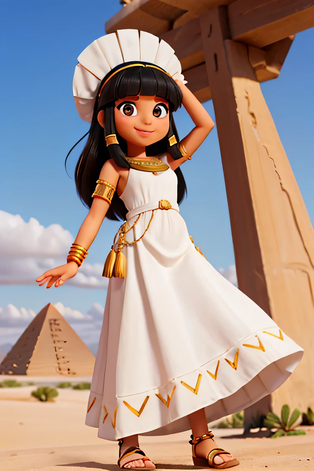 20 year old girl is dressed in a long white Egyptian dress, on his head he has black hair, lisos e longos, usa uma franja, enfeitados com pingentes de ouro. In the background is the desert with its pyramids, She is smiling