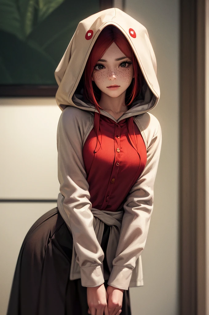 (realistic oil painting, Image up to the waist, 20-year-old princess, Englishman, black eyes, Vibrant appearance, Redhead, short hair), Ezio Auditore Tunic, Hooded, black, brown, red detail, Decorations, Freckles 10% of the zygomatic bones, Perfect Face, Critical Camera, Blurred Background, Warm Light, Garment Details, Strong leftovers, Mystery Pose