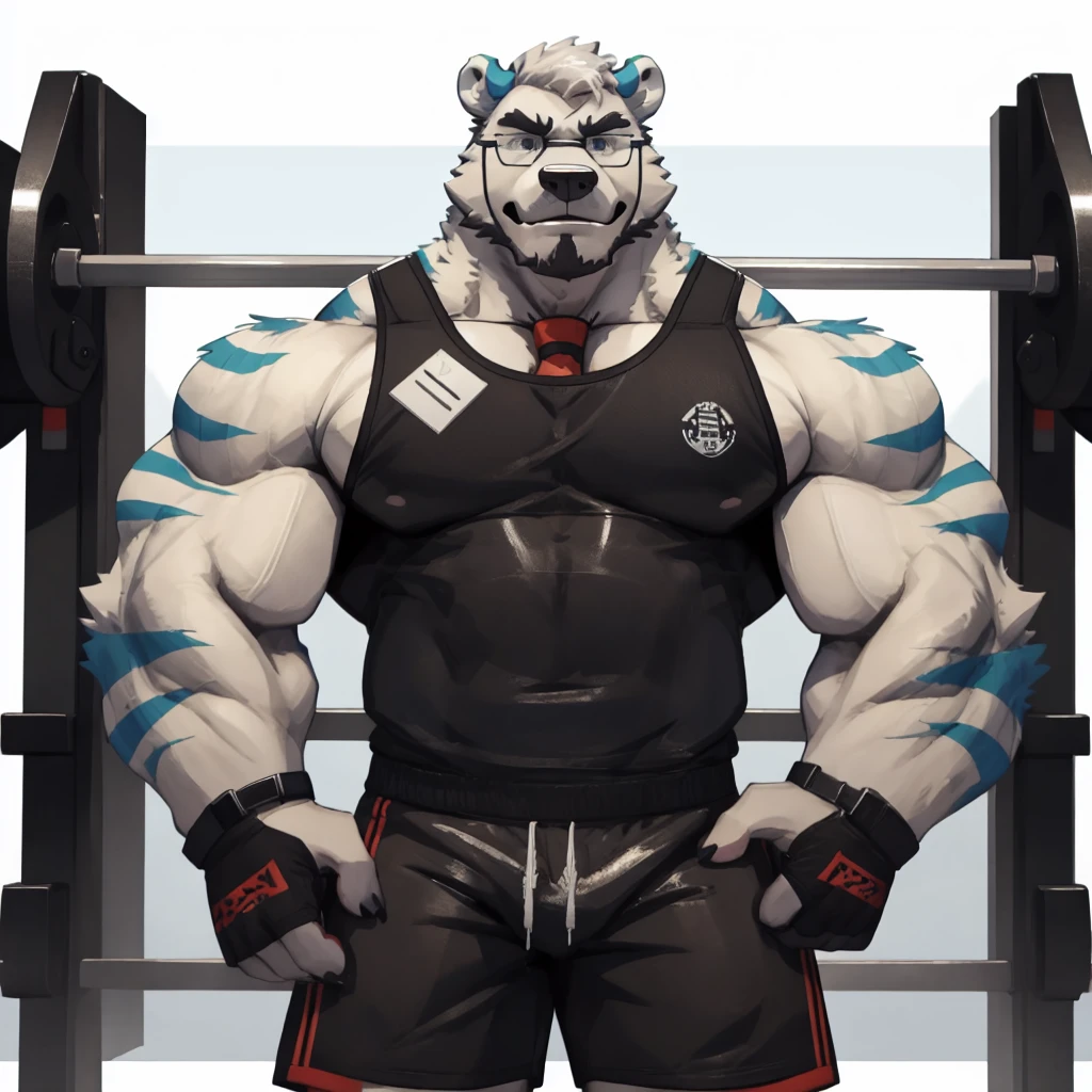 solo, 1boy, Huge Muscular White Polar Bear wearing glasses, huge white fur, pectoral, huge pectoral, wide pectoral, short white hair, blue colored gym shorts, blue colored wristbands and blue colored tank top, white bearded, white Mustache, white fur, simple background, masterpiece, high detailed, 8k, high resolution, at the gym, flexes huge muscles