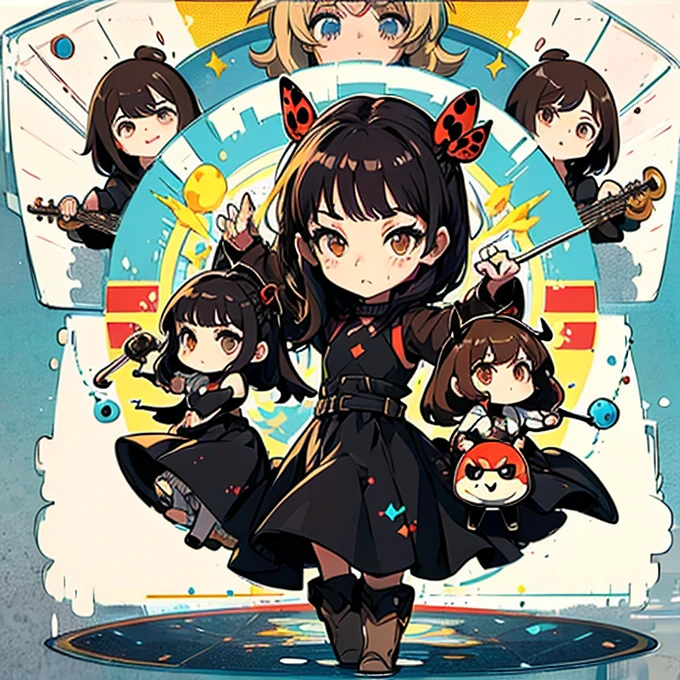 a child character with long brown hair and bangs, golden eyes and wearing a child's dress and brown boots, different angles, in the style of Miraculous Ladybug, character sheet, white background --ar 4:2, character poses，​masterpiece、top-quality、ultra-detailliert、(Chibi Chara　musicians:1.2)、(Artist Photography Flavor Images:1.2)、band vocals、